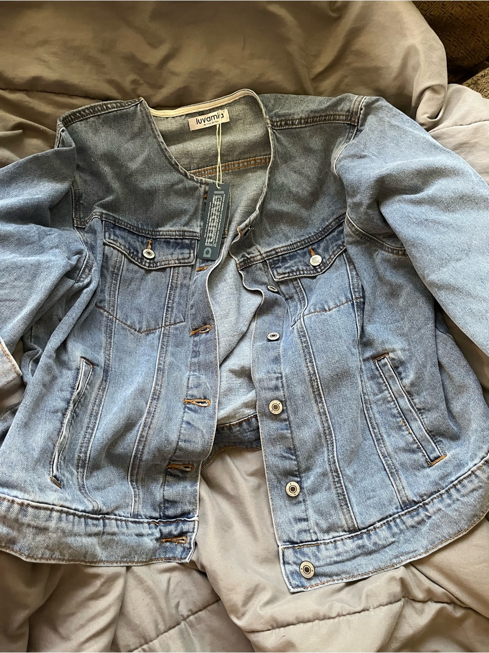 Luvamia Light Blue Collarless Denim Jacket for Women